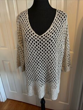Joseph Ribkoff Open-Knit Crochet V neck Off the shoulder sequin sweater